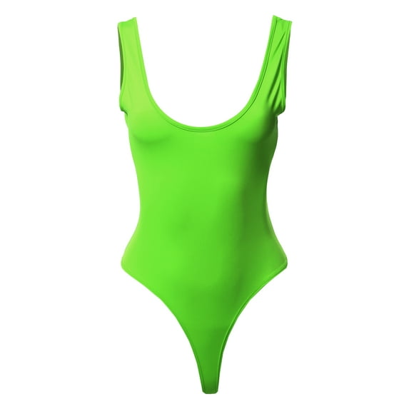 A2Y Women's Regular Fit Double Scoop Neck Solid Plain Bodysuit Neon Green L