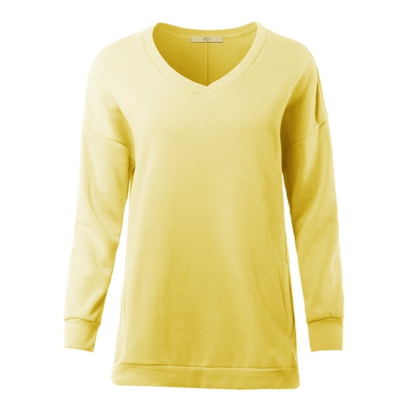 A2Y Women's Relaxed Fit Long Sleeve V-Neck Side Pocket Sweatshirt Banana 1XL