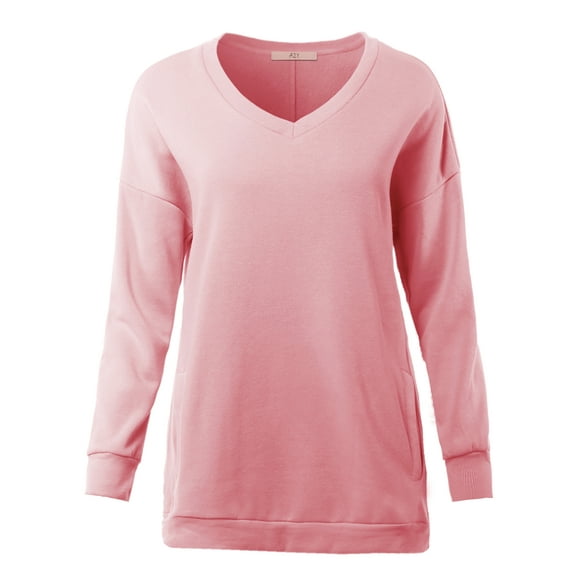A2Y Women's Relaxed Fit Long Sleeve V-Neck Side Pocket Sweatshirt Dark Pink M