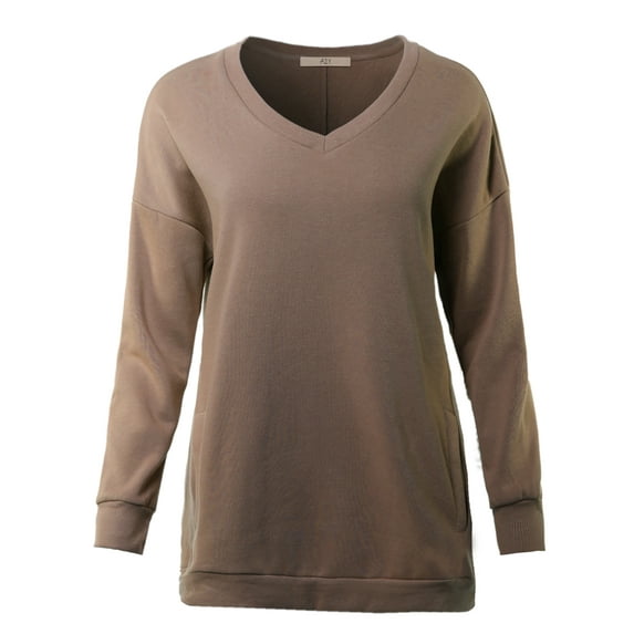 A2Y Women's Relaxed Fit Long Sleeve V-Neck Side Pocket Sweatshirt Mocha M