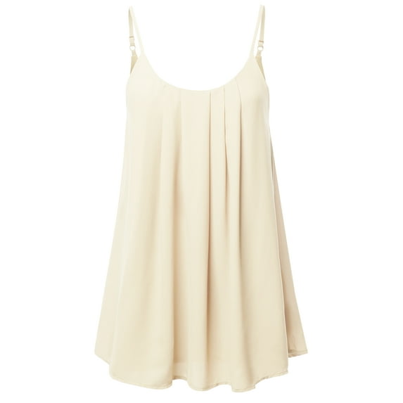 A2Y Women's Relaxed Fit Wool Dobby Woven Double Layer Spaghetti Cami Pleated Top Cream L