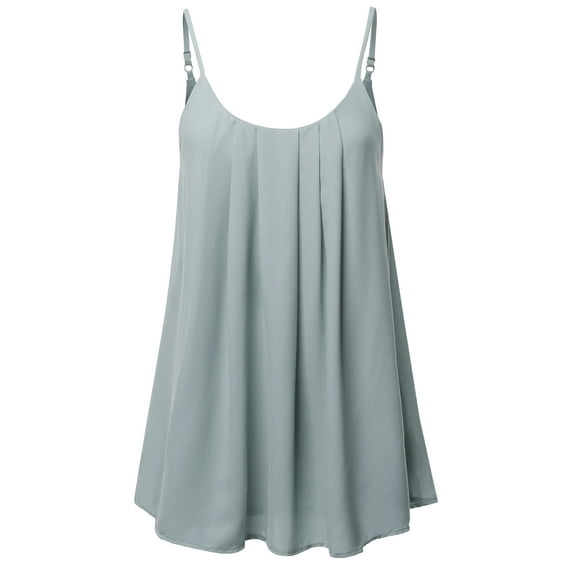 A2Y Women's Relaxed Fit Wool Dobby Woven Double Layer Spaghetti Cami Pleated Top Grey Mist L
