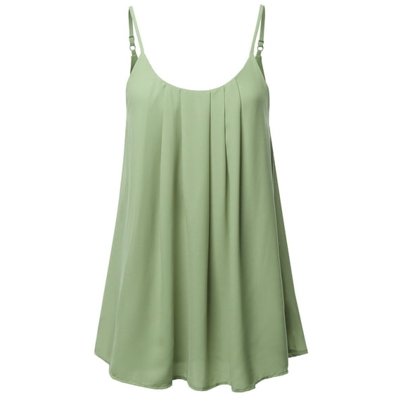 A2Y Women's Relaxed Fit Wool Dobby Woven Double Layer Spaghetti Cami Pleated Top Light Sage XL