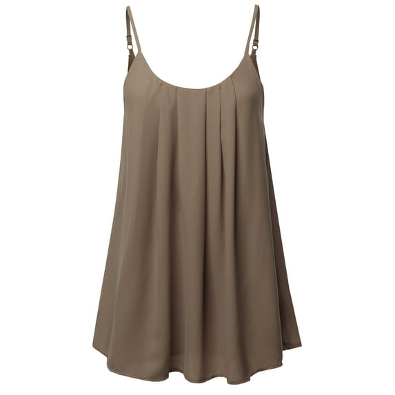 A2Y Women's Relaxed Fit Wool Dobby Woven Double Layer Spaghetti Cami Pleated Top Mocha M