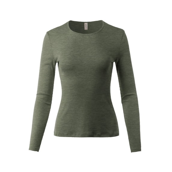 A2Y Women's Ribbed Basic Solid Stretchable Long Sleeve Crew Neck Top Shirts Olive L