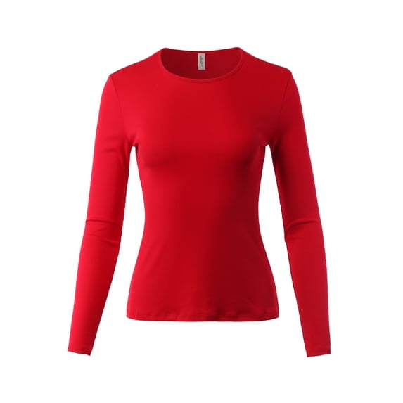 A2Y Women's Ribbed Basic Solid Stretchable Long Sleeve Crew Neck Top Shirts Red L