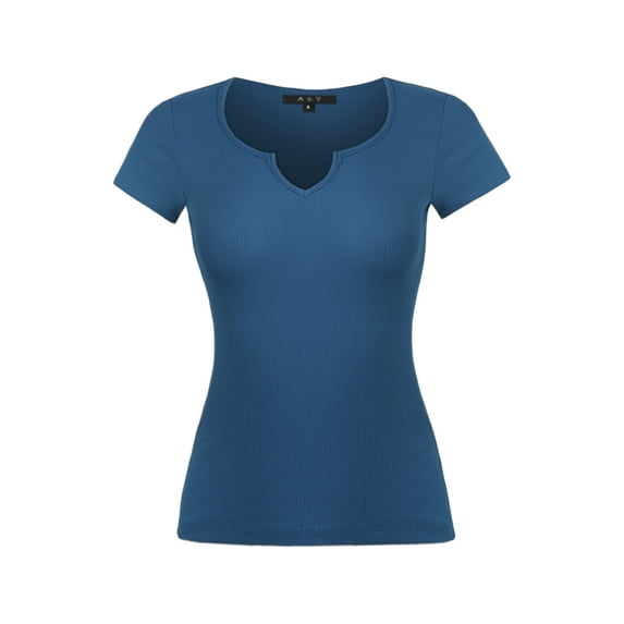 A2Y Women's Ribbed Cotton Notch Neck Short Sleeve Tops Tees Royal Blue M