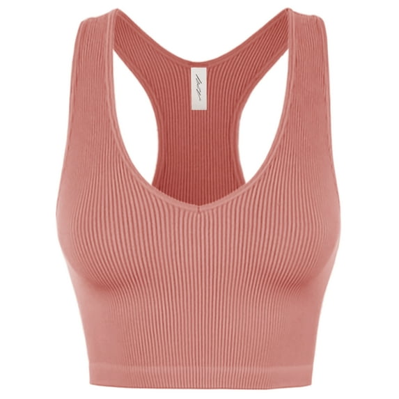 A2Y Women's Ribbed Seamless Workout Cropped Racerback Tank Tops Ash Rose SM
