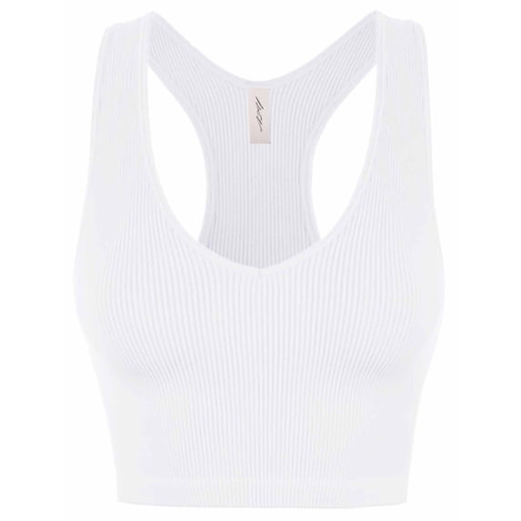 A2Y Women's Ribbed Seamless Workout Cropped Racerback Tank Tops White LXL
