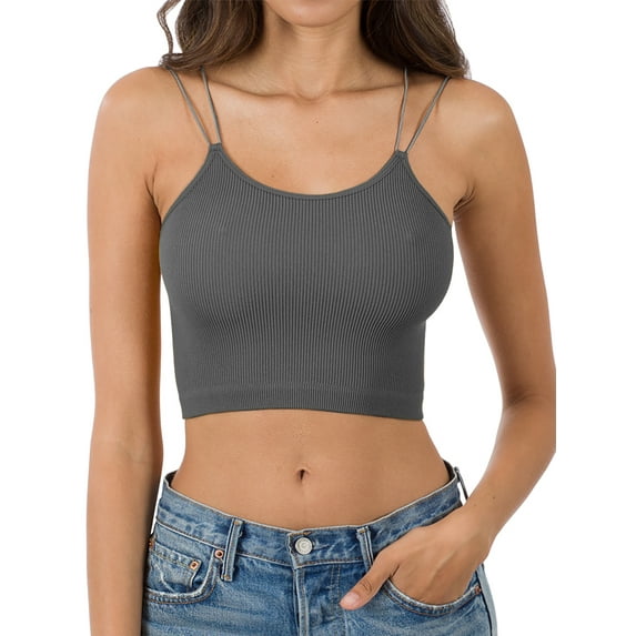 A2Y Women's Seamless Ribbed Nylon Double Strap Brami Tops Ash Grey SM