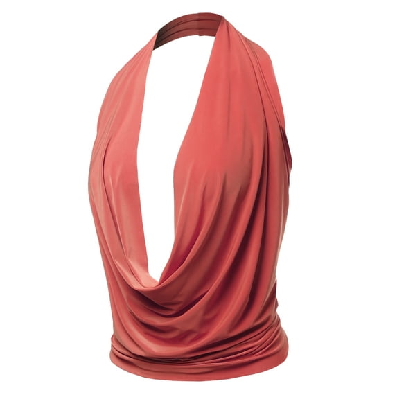 A2Y Women's Sexy Drape Front Deep V-Neck Cowl Neckline Halter Backless Party Club Top Coral M