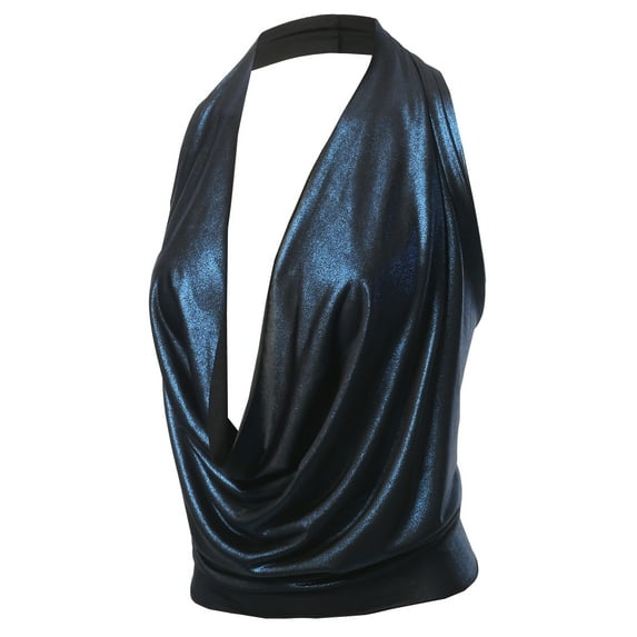 A2Y Women's Sexy Drape Front Deep V-Neck Cowl Neckline Halter Backless Party Club Top Foil Royal S