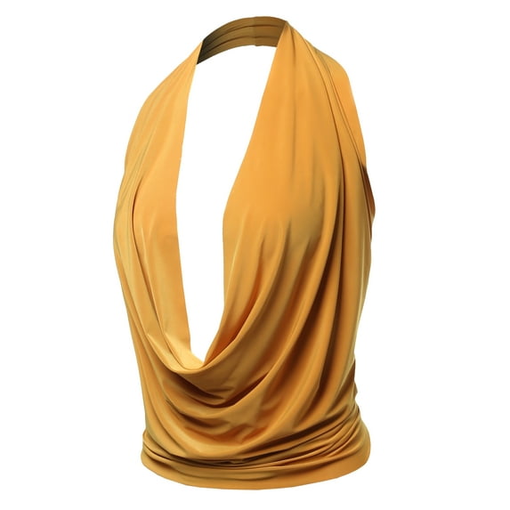 A2Y Women's Sexy Drape Front Deep V-Neck Cowl Neckline Halter Backless Party Club Top Mustard 2XL