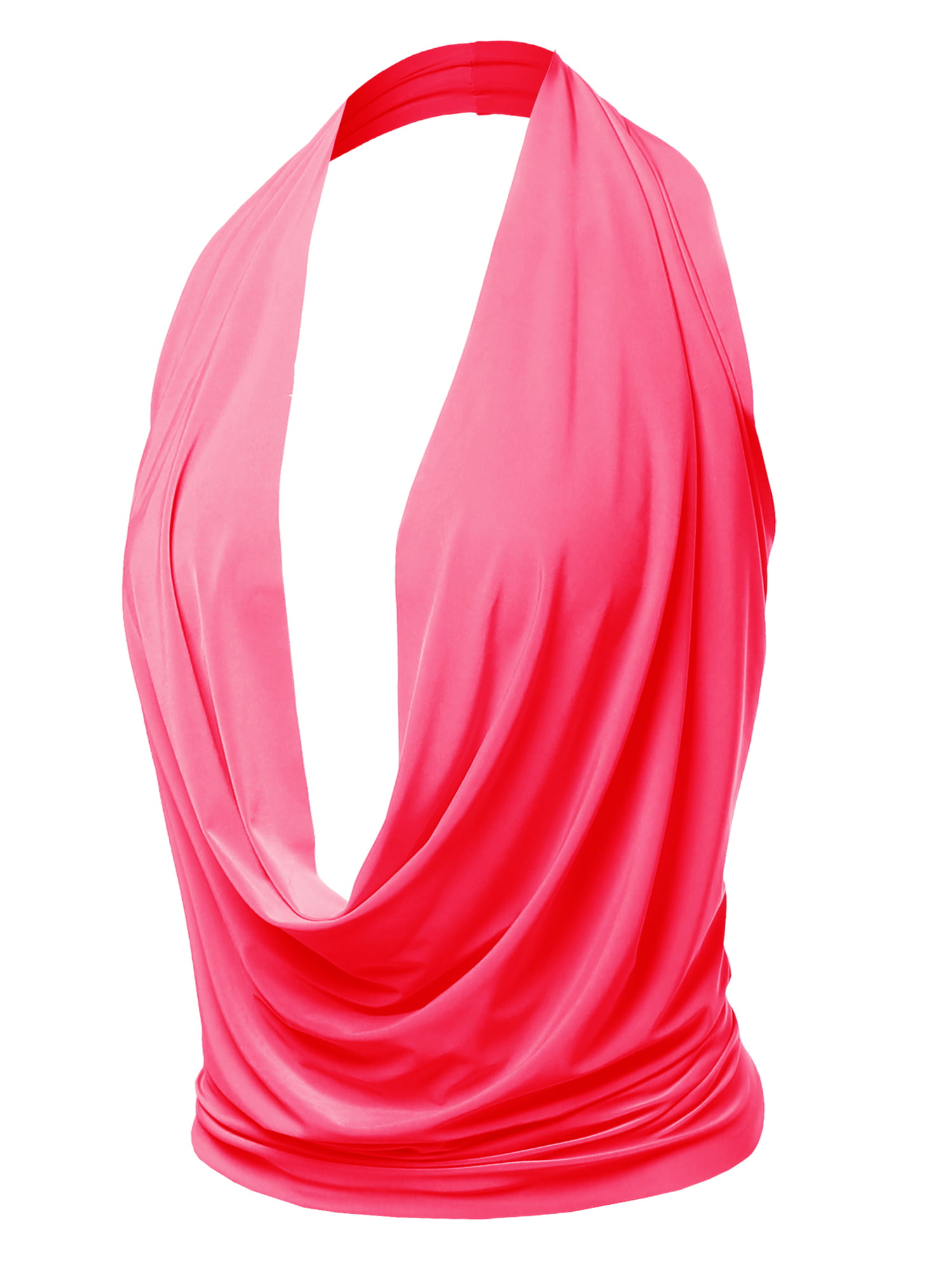 A2Y Women's Sexy Drape Front Deep V-Neck Cowl Neckline Halter Backless  Party Club Top Neon Pink XL 