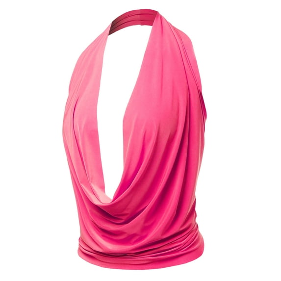 A2Y Women's Sexy Drape Front Deep V-Neck Cowl Neckline Halter Backless Party Club Top Neon Pink M