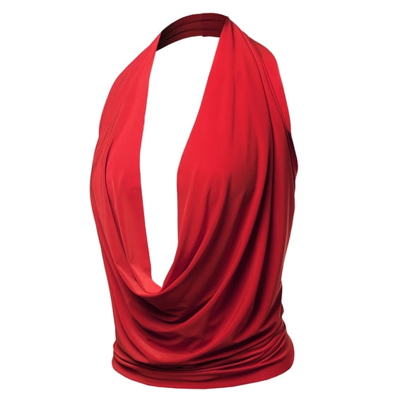 A2Y Women's Sexy Drape Front Deep V-Neck Cowl Neckline Halter Backless Party Club Top Red M