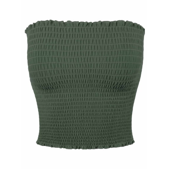 A2Y Women's Sexy Fitted Strapless Cotton Smocked Tube Crop Tops Army Green M