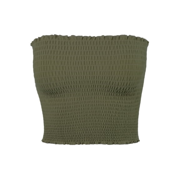 A2Y Women's Sexy Fitted Strapless Cotton Smocked Tube Crop Tops Dusty Olive S