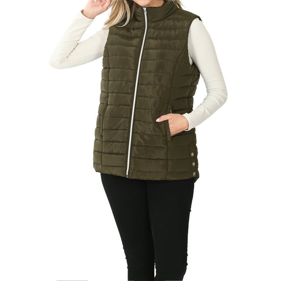 A2Y Women's Sherpa Lined Quilted Side Pockets Snaps Zip Up Vest Dark Olive S