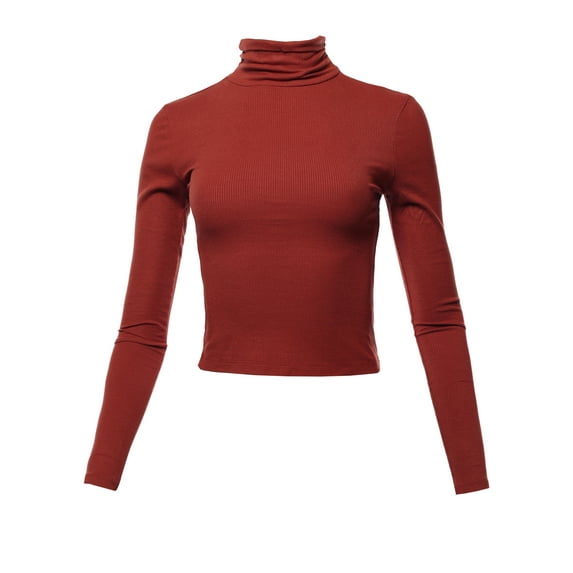 A2Y Women's Shirring Turtle Neck Long Sleeve Rib Knit Top Brick Red L