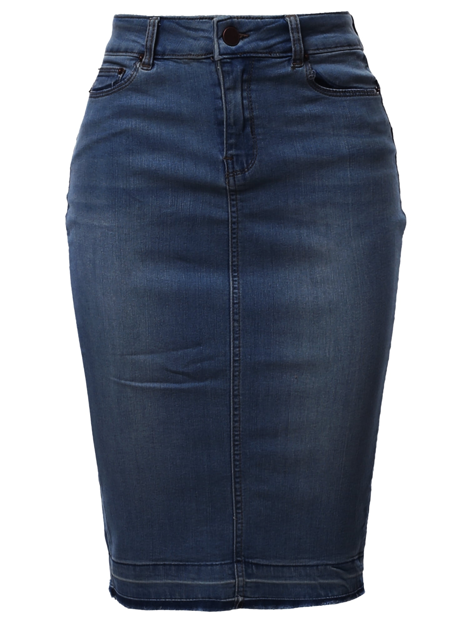 A2Y Women s Slim Fit Rayon Spandex Denim Jean Pencil Skirt with Pockets Knee Length Back Slit Dark Navy L Walmart