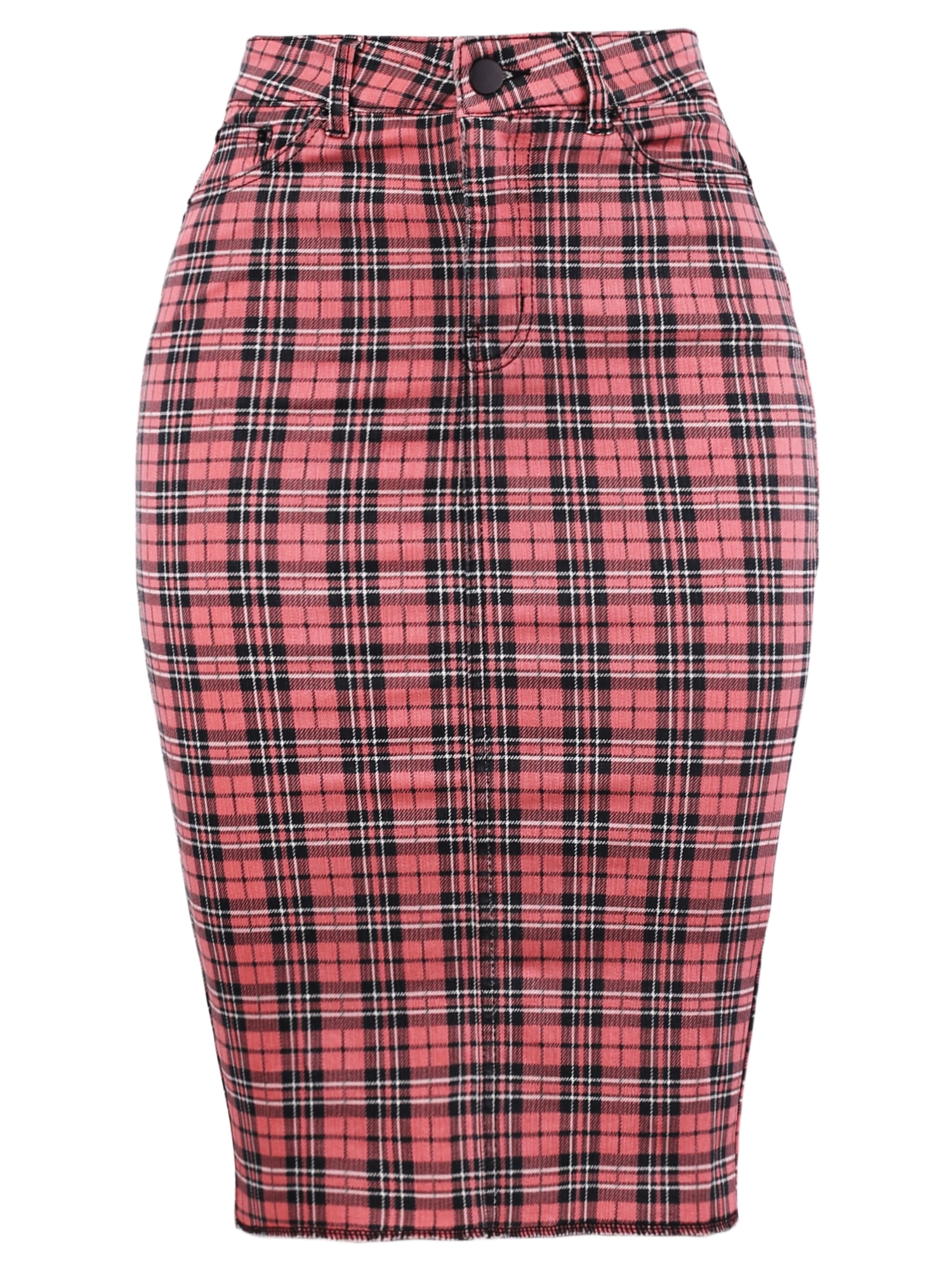 Women's Slim Fit Rayon Knee Length Back Slit Denim Jean Pencil Skirt Pink Plaid Check M
