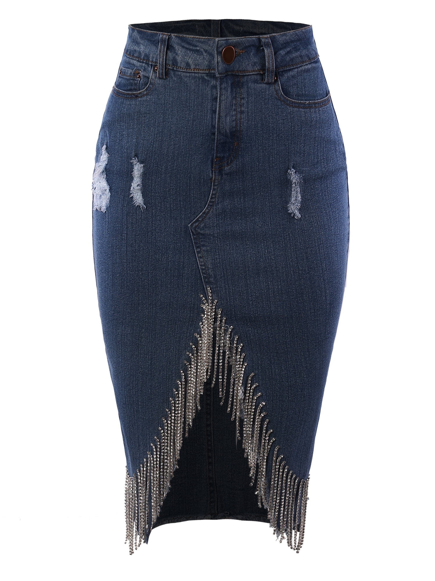 【WOOHWA】LILLY DENIM SLIT SK A2Y Women's Slim Fit Knee Length Denim Pencil Skirt with