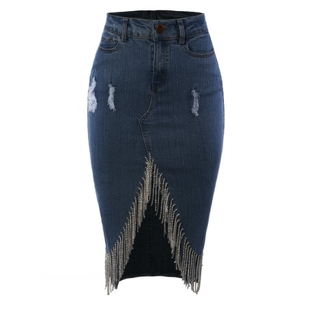 A2Y Women's Slim Fit Rayon Knee Length Rhinestone Front Slit Denim Jean Pencil Skirt Dark Wash S