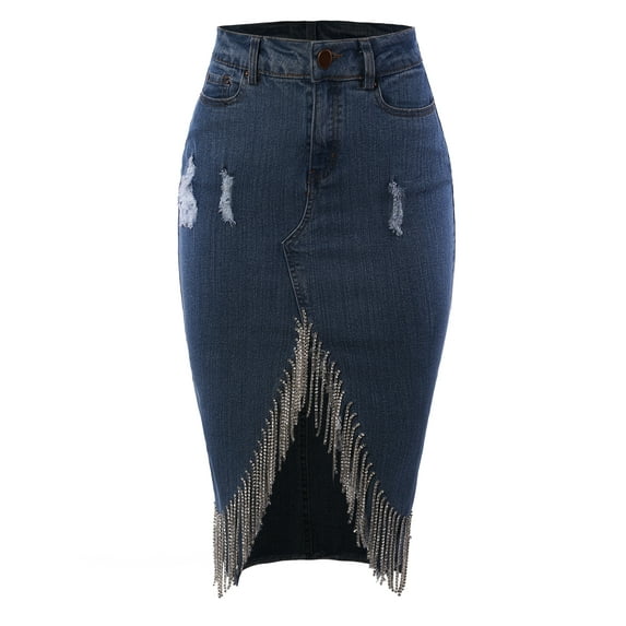 A2Y Women's Slim Fit Rayon Knee Length Rhinestone Front Slit Denim Jean Pencil Skirt Dark Wash S