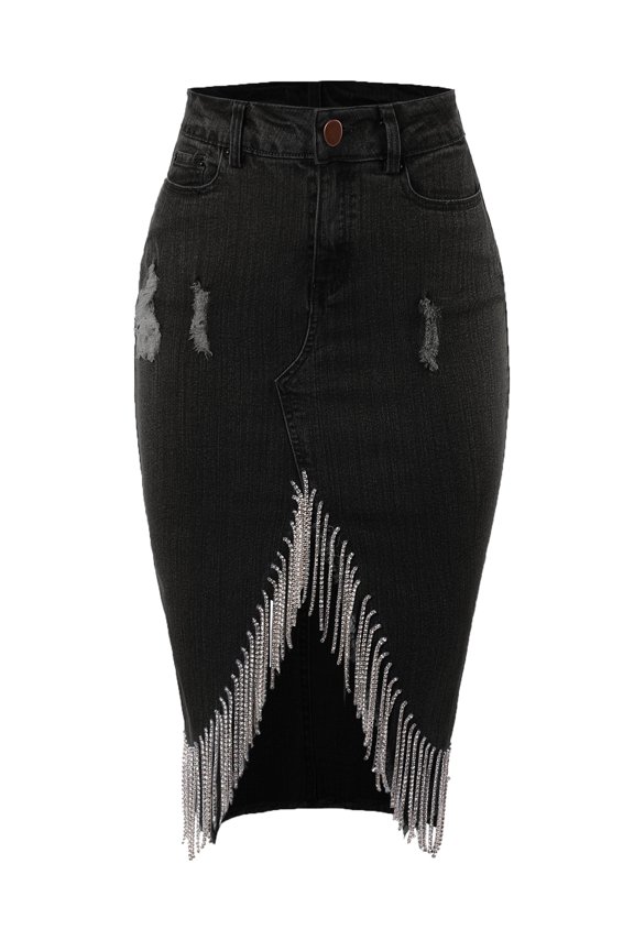 Women's Slim Fit Rayon Knee Length Rhinestone Front Slit Denim Jean Pencil Skirt Heather Black S