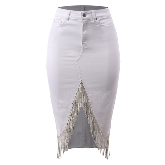 A2Y Women's Slim Fit Rayon Knee Length Rhinestone Front Slit Denim Jean Pencil Skirt White 3XL
