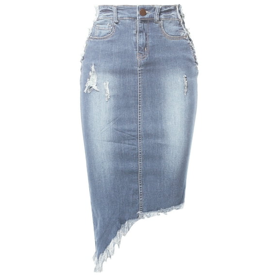 A2Y Women's Slim Fit Rayon Knee Length Unhem Asymmetric Denim Jean Pencil Skirt Light Wash 3XL