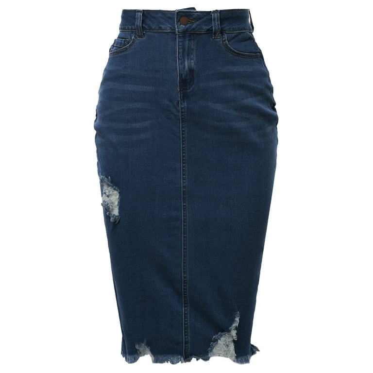 A2Y Women s Slim Fit Rayon Knee Length Unhem Back Slit Denim Jean Pencil Skirt Dark Wash 5XL