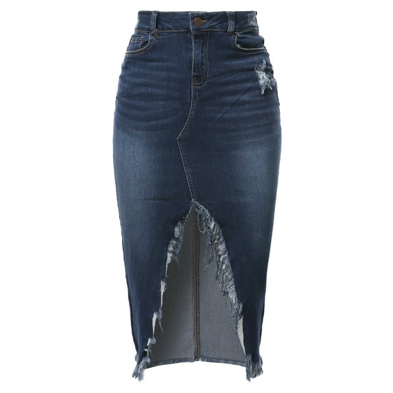 A2Y Women's Slim Fit Rayon Knee Length Unhem Front Slit Denim Jean Pencil Skirt Dark Wash L