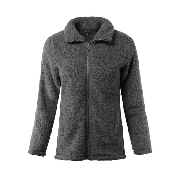 A2Y Women's Soft Sherpa Front Zipper Side Pockets Jackets Ash Grey L