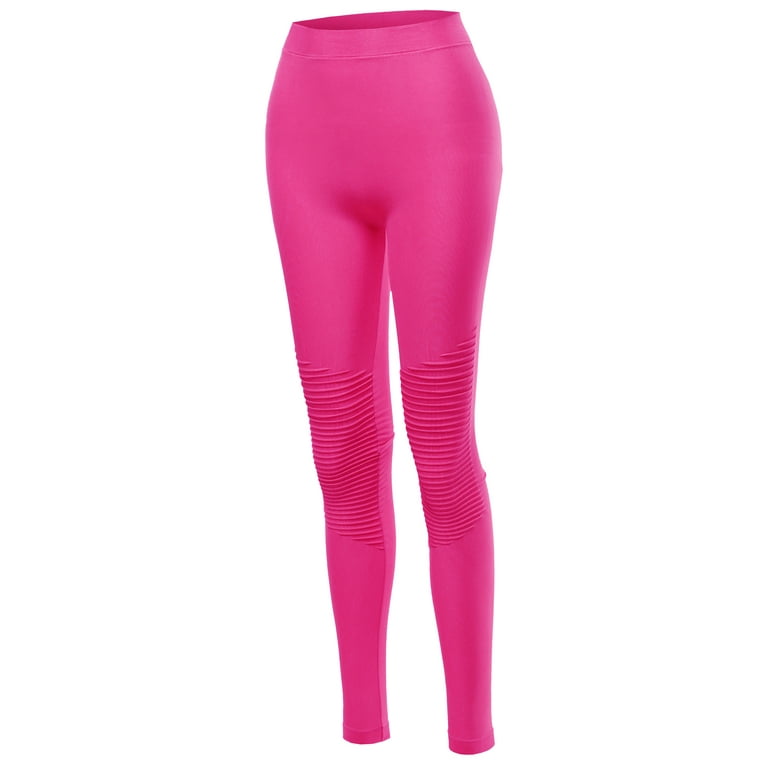 A2y Women s Solid Basic Seamless Fitted Full Length Moto Leggings Hot Pink LxL