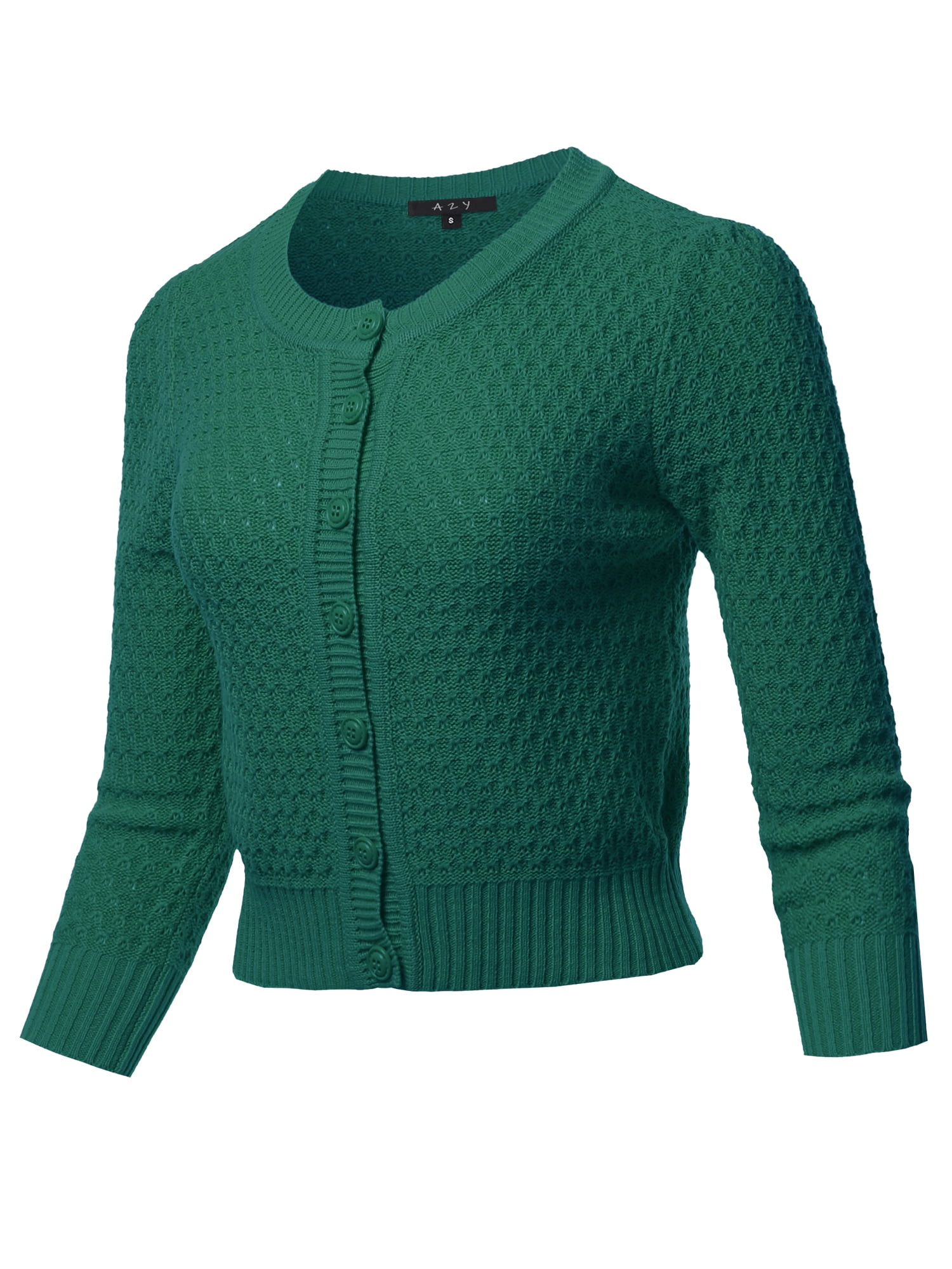 A2Y Women's Solid Cropped 3/4 Sleeve Button Down Crew Neck Knit