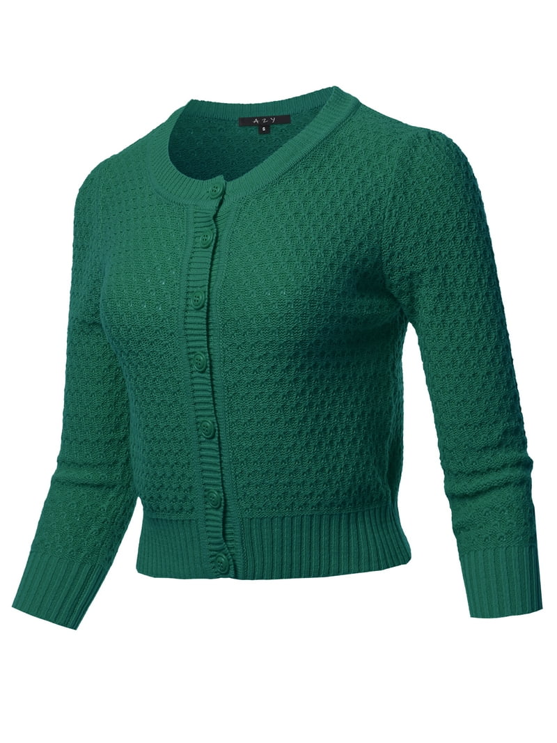 A2Y Women's Solid Cropped 3/4 Sleeve Button Down Crew Neck