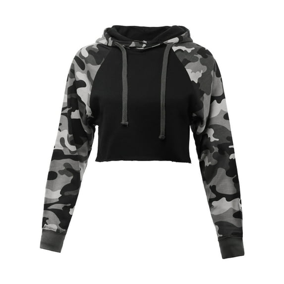 A2Y Women's Solid Cropped Cut Off Hooded Pullover Sweatshirt Black Camogrey XL