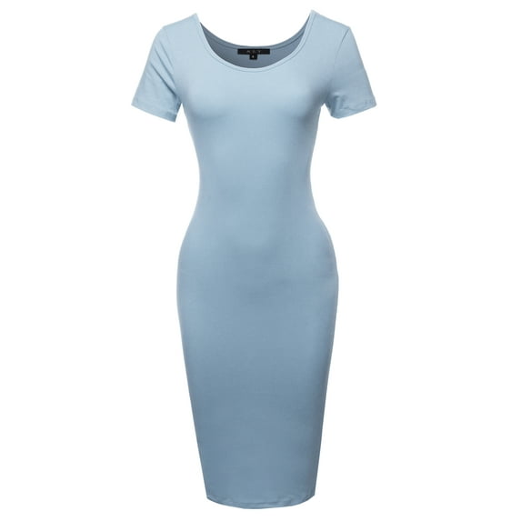 A2Y Women's Solid Fitted Classic Short Sleeve Premium Cotton Midi Dress Ash Blue S