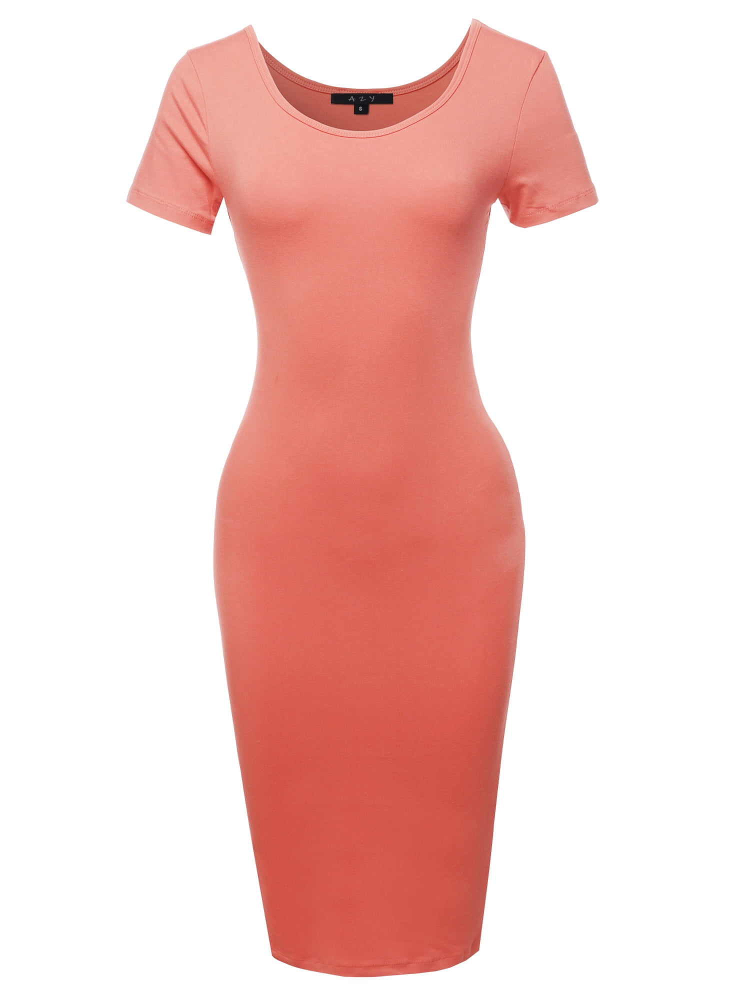 A2Y Women's Solid Fitted Classic Short Sleeve Premium Cotton Midi Dress Ash  Coral M - Walmart.com