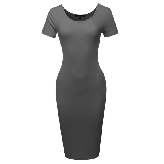 A2Y Women's Solid Fitted Classic Short Sleeve Premium Cotton Midi Dress Ash Grey L