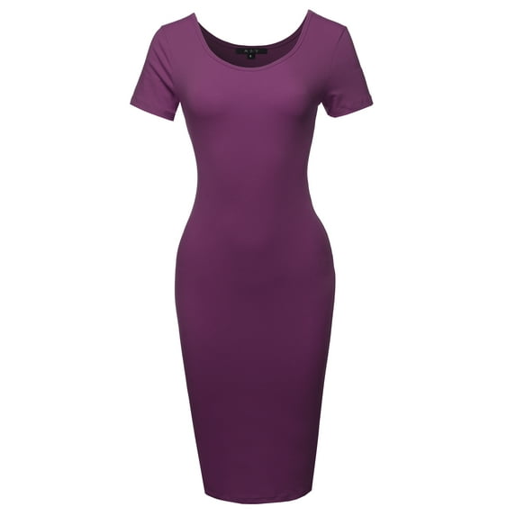 A2Y Women's Solid Fitted Classic Short Sleeve Premium Cotton Midi Dress Dark Plum S