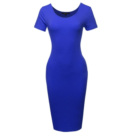 A2Y Women's Solid Fitted Classic Short Sleeve Premium Cotton Midi Dress Denim Blue S