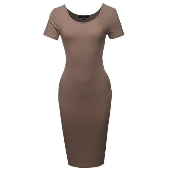 A2Y Women's Solid Fitted Classic Short Sleeve Premium Cotton Midi Dress Mocha XL
