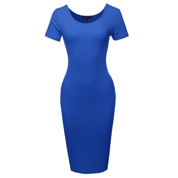 A2Y Women's Solid Fitted Classic Short Sleeve Premium Cotton Midi Dress Sapphire M