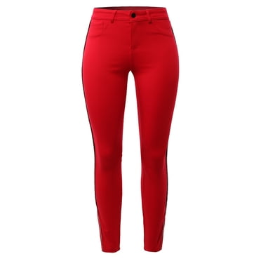 A2Y Women's Solid Slim Fit High Rise Side Rhinestoned Line 5 Pockets Ponte Pants Red L