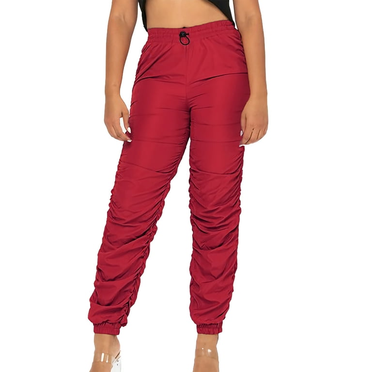 A2Y Women s Solid Sporty Style Ruched Adjustable Drawstring Jogger Pants Red M
