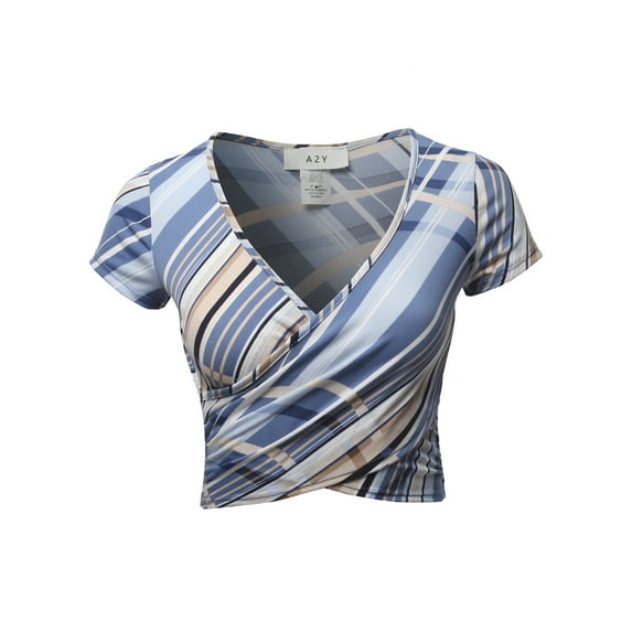 A2Y Women's Stripe Deep V-Neck Short Sleeve Cross Wrap Shirt Crop Tops Blue M