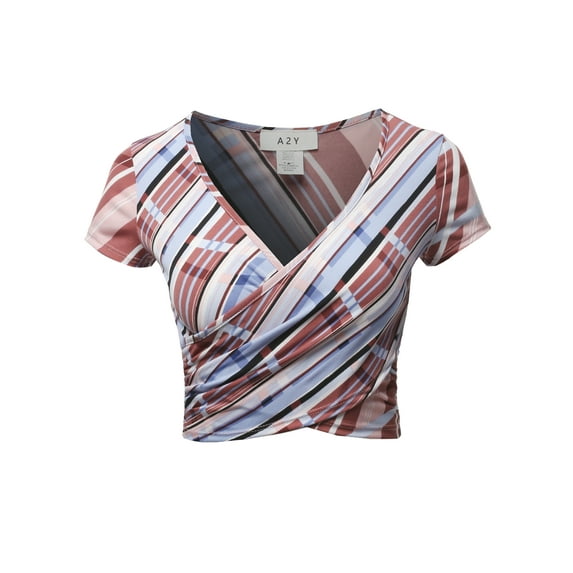 A2Y Women's Stripe Deep V-Neck Short Sleeve Cross Wrap Shirt Crop Tops Marcella S